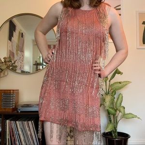zara beaded fringe pink metallic mini dress